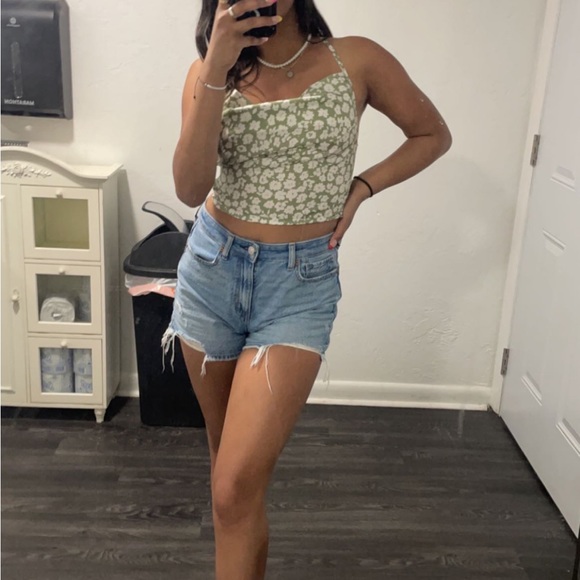 Green and white floral cow neck top - Picture 2 of 2